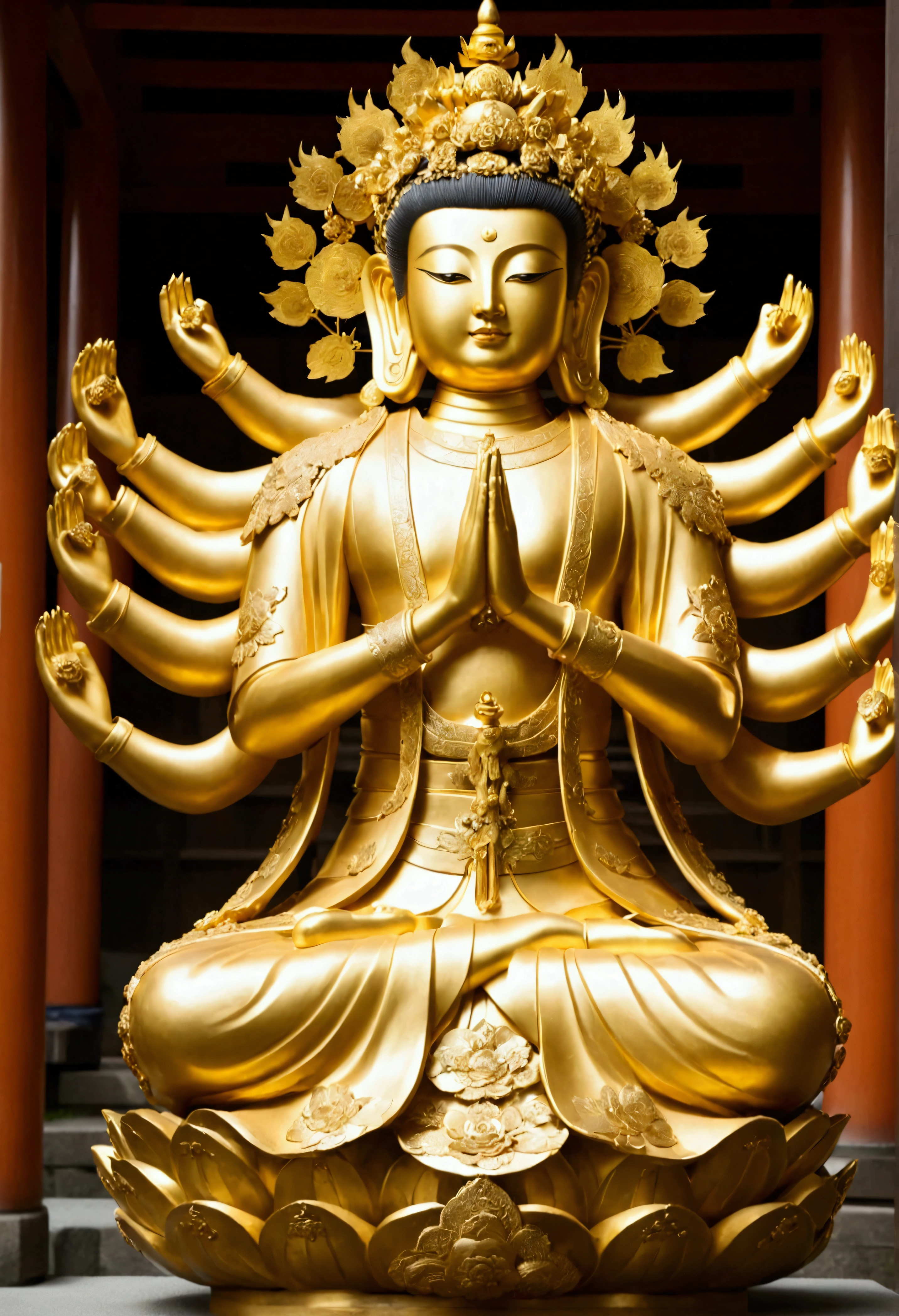 Golden statue of sahasrabhuja enshrined in the main hall of a temple in Kyoto, one golden statue, multiple arms, clothes,
Masterpiece, Best Quality, Ultra high Detailes, intricate details