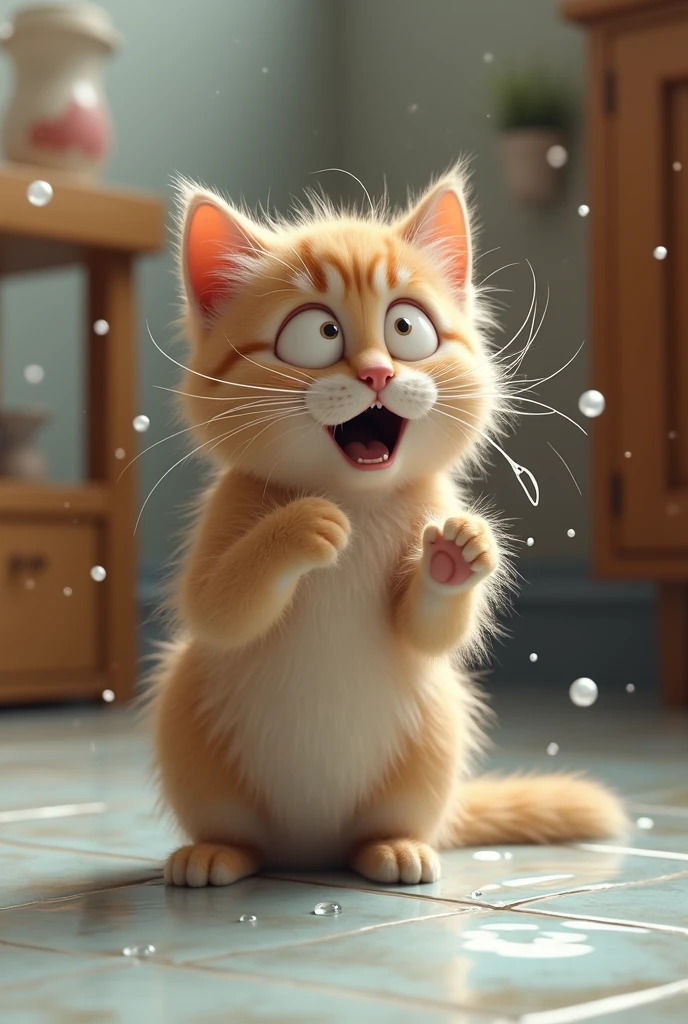 PICTURE OF A CAT LOOKS VERY SCARED AFTER TOUCHING WATER