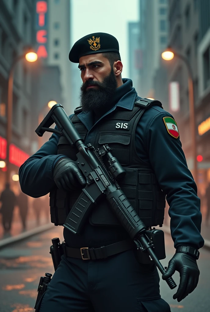 Young strong bearded Iranian police officer, in black military police tactical uniform, Lottery, Special Operations, boina preta, rifle in hand, black boot, talking to suspect on the street.