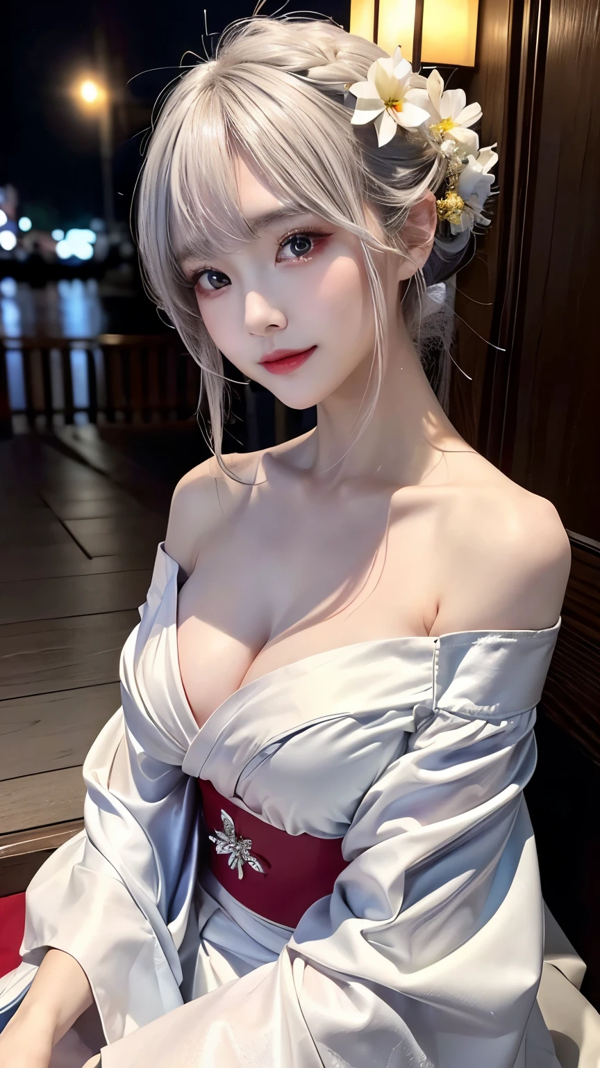 ((alone、A courtesan wearing a kimono loosely、Elegant woman posing:1.4、Detailed face、Bright expression、Younger, brighter, whiter skin、Best Looks、The ultimate beauty、Silver hair with dazzling highlights、Shiny bright hair,、arranged hairstyle:1.2、髪がwindで踊る))(night、wind、London at night、幻想的なwind景、Particles of light、White Dust、Dust flutters)((Off-the-shoulder style、Exposing shoulders、Expose the neck、Exposing cleavage:1.2))The sleeves of the kimono are connected
