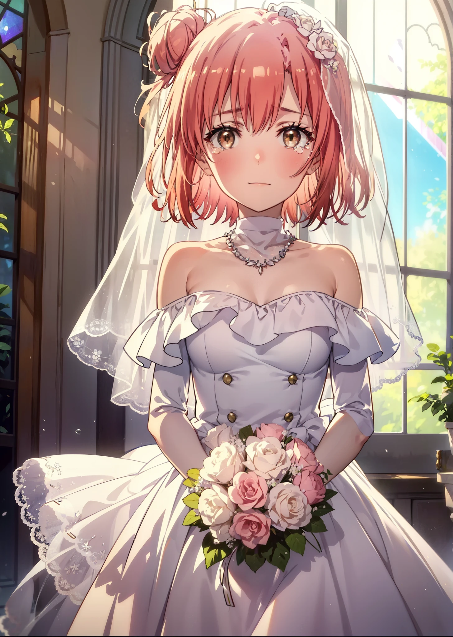 yuiyuigahama, yui yuigahama, Long Hair, (Brown eyes:1.5), (Pink Hair:1.2), Hair Bun, single Hair Bun, Tears stream down her face,Tears of joy,I cry a lot,smile,smile,blush,Open your mouth,Off-the-shoulder white wedding dress,necklace,Expose your shoulders,bare clavicle,Bare neck,wedding long skirt,Veil,bouquet,Holding a bouquet in both hands,Stained glass,whole bodyがイラストに入る,　　　　　　　　　　　break indoors, Chapel,Association,
break looking at viewer, whole body,(Cowboy Shot:1.5),
break (masterpiece:1.2), Highest quality, High resolution, unity 8k wallpaper, (shape:0.8), (Beautiful attention to detail:1.6), Highly detailed face, Perfect lighting, Highly detailed CG, (Perfect hands, Perfect Anatomy),