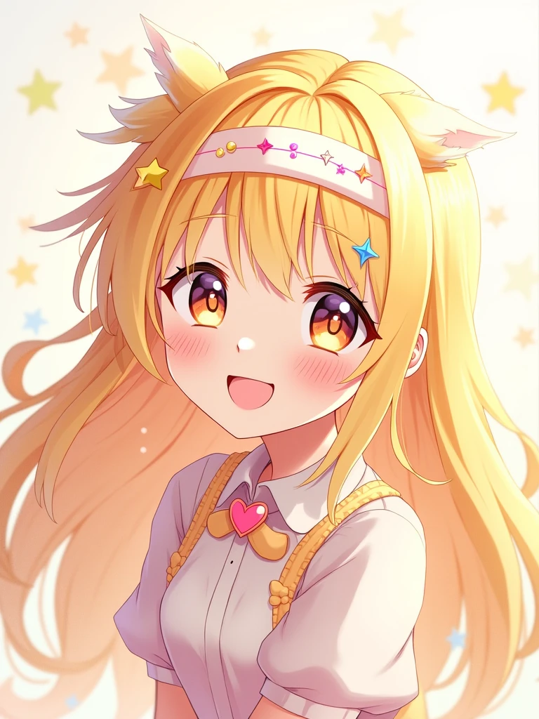 Blonde, happiness/joy, Heart-shaped eyes, Star Hair Accessories, Sparkle Effect, anime, chest, Earrings, Headband, Highest quality, Long Hair, 
