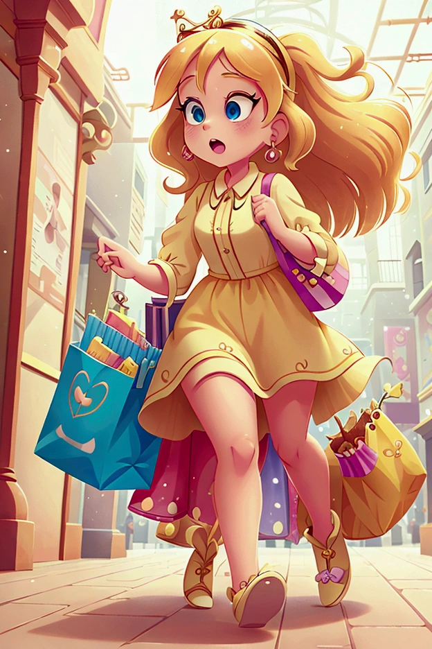 Blonde Disney style princess shopping with bags in the mall and running away from the beast that is chasing her