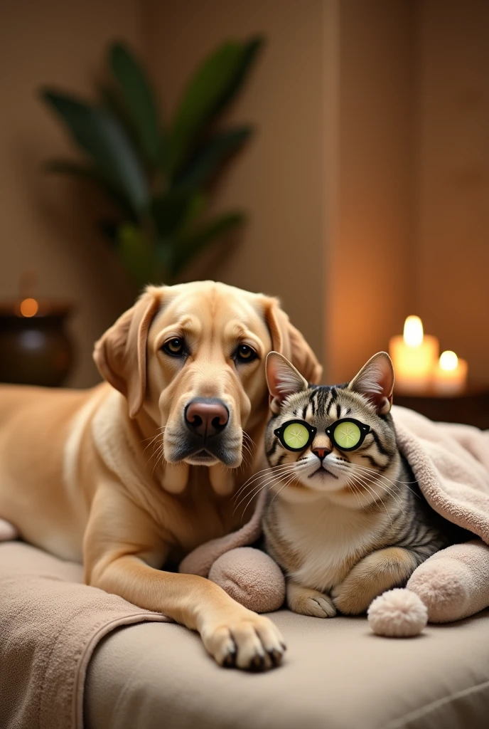 Type: Ultrarealistic
Subject: A Labrador-type dog and a cat relaxing side by side in a luxurious spa. The dog is lying comfortably on a massage table, with a warm towel draped over its back and a content expression on its face. The cat, next to the dog on a smaller massage table, has cucumber slices on its eyes and is wrapped in a soft, fluffy towel. Both animals look completely relaxed, enjoying the pampering spa treatment together. Their close proximity and calm demeanor showcase their deep bond and shared enjoyment of the moment.
Environment: A serene, softly lit spa room with calming decor. The background includes details like lit candles, a small indoor water fountain, and soft ambient music playing in the background. The room is filled with soothing colors and textures, enhancing the peaceful atmosphere.
Art Style: Photorealistic with detailed textures on the dog’s fur, the cat’s fur, the soft towels, and the spa surroundings. The scene should convey a deep sense of relaxation and tranquility.
Lighting: Soft, warm ambient lighting that creates a calm and soothing mood, highlighting the textures of the fur, towels, and spa environment.
Camera: Medium-angle shot, capturing both the cat and dog side by side on their respective massage tables, focusing on their relaxed expressions and the serene spa atmosphere.
Resolution: 4K, high-definition, ensuring sharp details in the fur, towels, and the overall peaceful spa setting.
{Ultrarealistic Labrador and cat relaxing together, serene spa atmosphere, photorealistic, high-definition, medium-angle shot}