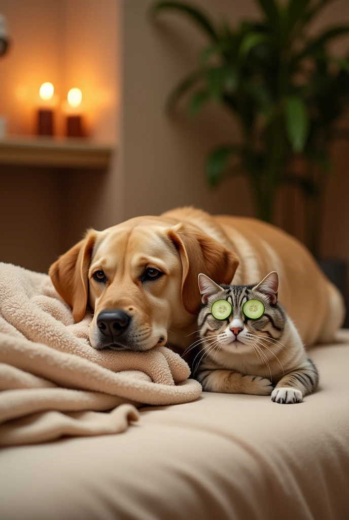 Type: Ultrarealistic
Subject: A Labrador-type dog and a cat relaxing side by side in a luxurious spa. The dog is lying comfortably on a massage table, with a warm towel draped over its back and a content expression on its face. The cat, next to the dog on a smaller massage table, has cucumber slices on its eyes and is wrapped in a soft, fluffy towel. Both animals look completely relaxed, enjoying the pampering spa treatment together. Their close proximity and calm demeanor showcase their deep bond and shared enjoyment of the moment.
Environment: A serene, softly lit spa room with calming decor. The background includes details like lit candles, a small indoor water fountain, and soft ambient music playing in the background. The room is filled with soothing colors and textures, enhancing the peaceful atmosphere.
Art Style: Photorealistic with detailed textures on the dog’s fur, the cat’s fur, the soft towels, and the spa surroundings. The scene should convey a deep sense of relaxation and tranquility.
Lighting: Soft, warm ambient lighting that creates a calm and soothing mood, highlighting the textures of the fur, towels, and spa environment.
Camera: Medium-angle shot, capturing both the cat and dog side by side on their respective massage tables, focusing on their relaxed expressions and the serene spa atmosphere.
Resolution: 4K, high-definition, ensuring sharp details in the fur, towels, and the overall peaceful spa setting.
{Ultrarealistic Labrador and cat relaxing together, serene spa atmosphere, photorealistic, high-definition, medium-angle shot}