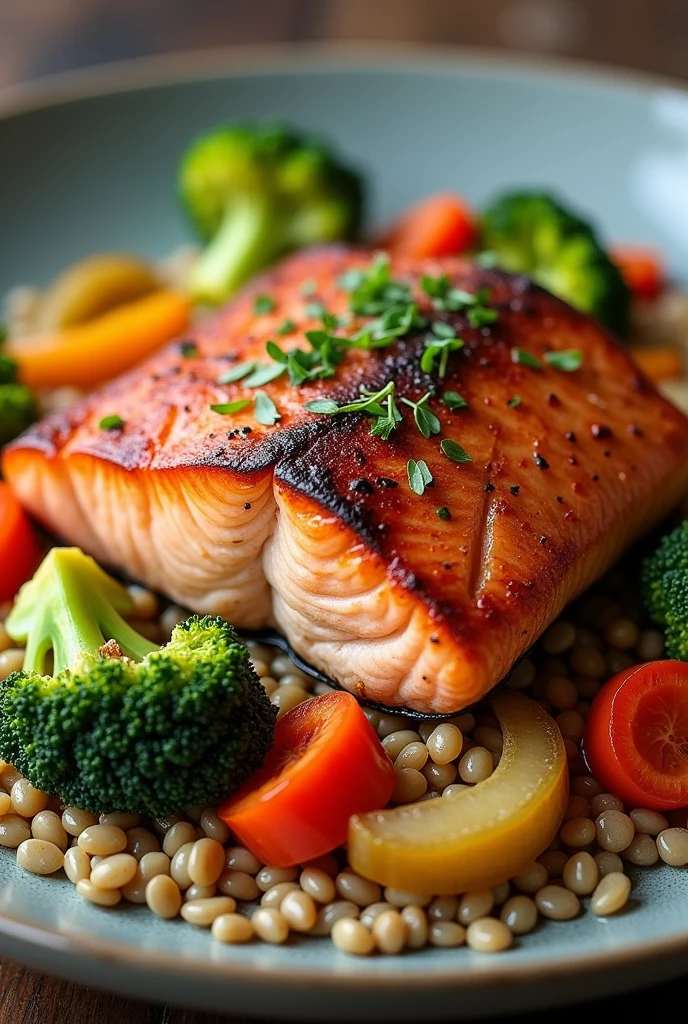 a salmon recipe, with amaranth underneath and sautéed vegetables like broccoli, bell peppers, onions and carrots