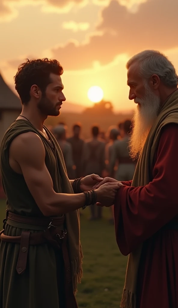 Prompt: A medium shot of Cain as he slowly reaches out to take the elder’s hand, his expression a mix of gratitude and disbelief. The villagers begin to relax, some even nodding in approval. The sun sets in the background, casting a warm glow over the scene, symbolizing a new beginning for Cain. The atmosphere is one of cautious optimism.
Camera Angle: Medium, focusing on the connection between Cain and the elder.
Style: Realistic,cinematic, medieval period authenticity, hopeful, with an emphasis on reconciliation.
Resolution/Ratio: 4K, 16:9 aspect ratio.