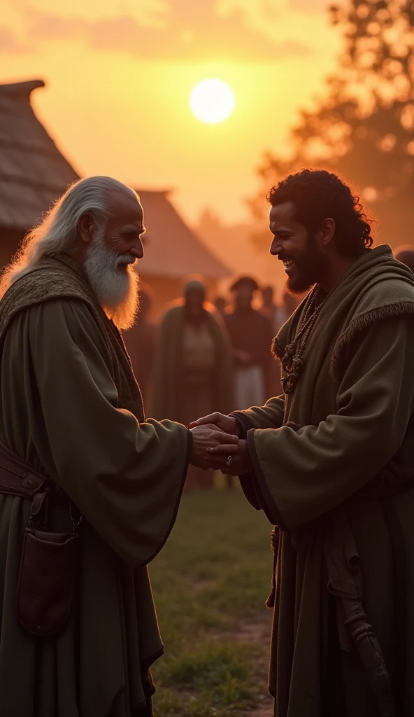 Prompt: A medium shot of Cain as he slowly reaches out to take the elder’s hand, his expression a mix of gratitude and disbelief. The villagers begin to relax, some even nodding in approval. The sun sets in the background, casting a warm glow over the scene, symbolizing a new beginning for Cain. The atmosphere is one of cautious optimism.
Camera Angle: Medium, focusing on the connection between Cain and the elder.
Style: Realistic,cinematic, medieval period authenticity, hopeful, with an emphasis on reconciliation.
Resolution/Ratio: 4K, 16:9 aspect ratio.