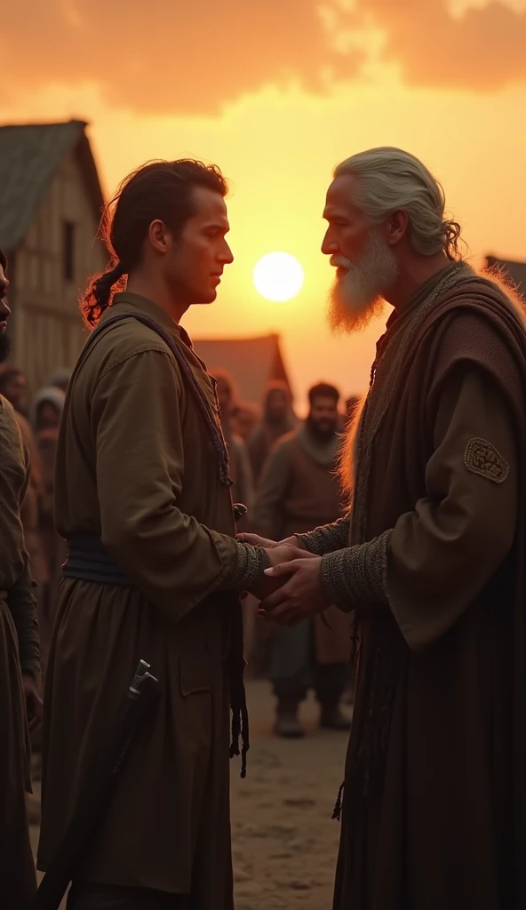 Prompt: A medium shot of Cain as he slowly reaches out to take the elder’s hand, his expression a mix of gratitude and disbelief. The villagers begin to relax, some even nodding in approval. The sun sets in the background, casting a warm glow over the scene, symbolizing a new beginning for Cain. The atmosphere is one of cautious optimism.
Camera Angle: Medium, focusing on the connection between Cain and the elder.
Style: Realistic,cinematic, medieval period authenticity, hopeful, with an emphasis on reconciliation.
Resolution/Ratio: 4K, 16:9 aspect ratio.