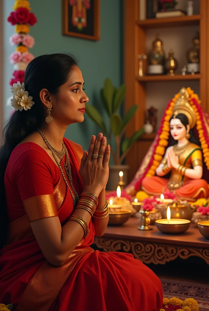 (photorealism:1.2), a beautiful 50 year old women, straight hair tied half, jasmine flower in hair,wearing red saree, wearing many gold chains, sitting and worshipping god laxmi idol, traditional indian home filled with flowers, incense sticks, flower garlands