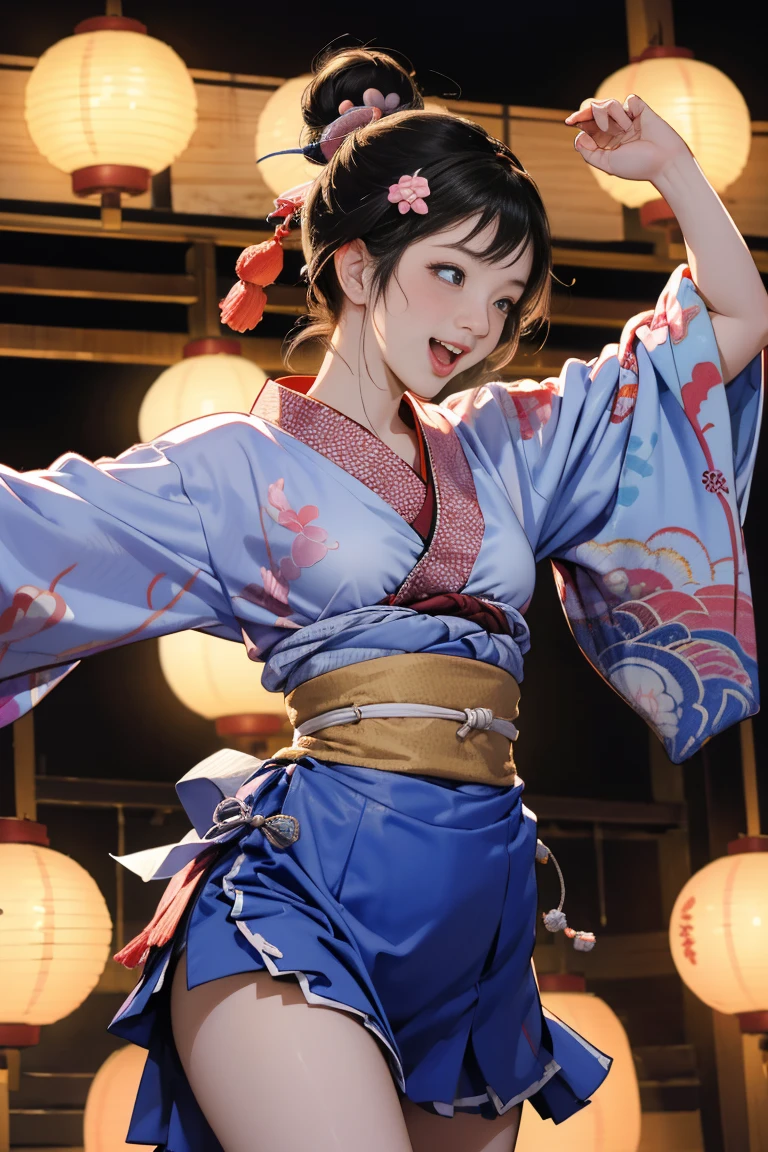 (Japan Bon Odori,最高masterpiece,Highest quality), Hot August,They dance in a circle around a stage decorated with lanterns.,Bright vibrant anime art,People of all ages and genders dance and dance, Dancing in yukata,Laughing and dancing, Showing white teeth,Men and women dance in a circle, masterpiece,Highest quality,High resolution,