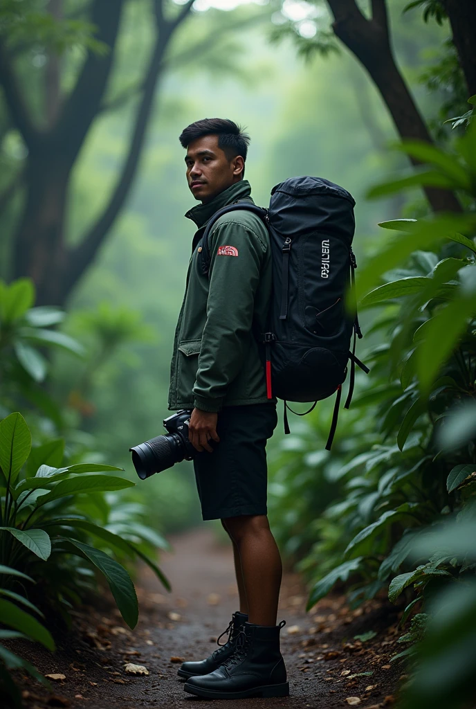A full body, cinematic portrait of a Malay-looking man with short hair wearing boots. He is 170 cm tall and weighs 70 kg. He is wearing a shorts and jacket and a North Face backpack, standing in a rainforest with a Nikon DSLR camera. He is an outdoor photographer. The background has subtle light, creating a magical rainforest scene. The man is walking in the rainforest, creating a mystical rainforest atmosphere. He is a professional photographer doing an advertising shoot. His face is looking at the camera, and the portrait is taken from the side. The image should be realistic.