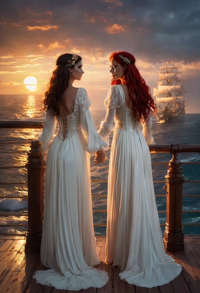 (realistic)(Fantasy Style) Two female pirates with long flowing hair, one red haired and one raven haired, wearing leather and lace wedding dresses, being married by a preacher, standing facing each other holding hands on the deck of a large ship, the sea and small waves in the background, sun dipping below the horizon, warm inviting colors, romantic ambiance, radiant skin, peaceful and nurturing expressions, full bodies, dynamic poses, life size, perfect anatomy, detailed skin texture, full HD, 4K, HDR, perfect anatomy, depth of field