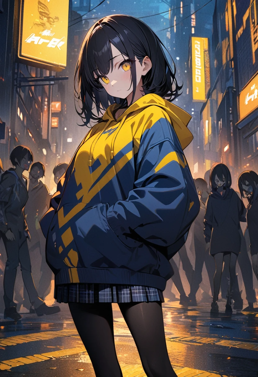 (BEST QUALITY), (MASTERPIECE), illustration, Extremely_detail, 4k wallpaper , midnight, 1 girl, tall girl, yellow hoodie, black plaid skirt, black tights, black Hair, long bob hair, yellow eyes, cute, beautiful, holding a knife, Background of the city, Zombies