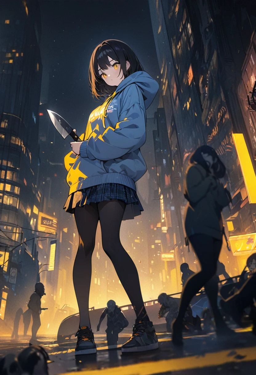(BEST QUALITY), (MASTERPIECE), illustration, Extremely_detail, 4k wallpaper , midnight, 1 girl, tall girl, yellow street hoodie, black plaid skirt, black tights, blue jeans, 1 , black Hair, long bob hair, yellow eyes, cute, beautiful, holding a knife, Background of the city, Zombies