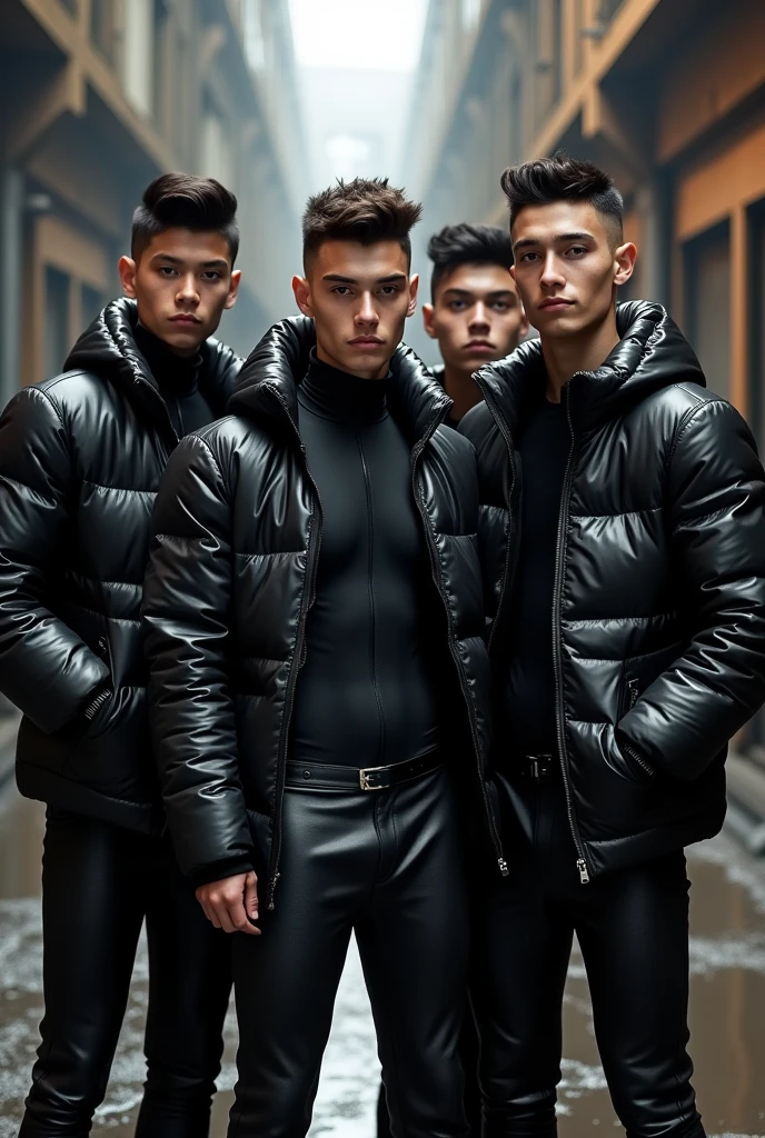 Full size, full body, group of lads in skinny black rubber outfit with chav haircut and black shiny puffer jacket