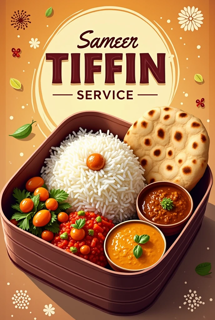 Create poster for Tiffin service,Title Name Sameer Tiffin Service, food Rice ,dal, vegitables, and roti