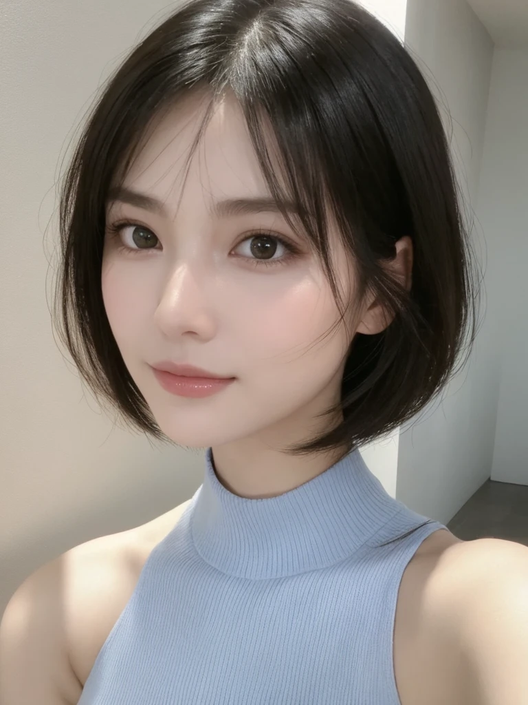 Realistic, ultra-high quality, ultra-realistic, 16k wallpaper, extremely detailed with realistic textures, natural cinematic lighting, vertical-oriented white room, solo woman taking a selfie, highly realistic facial features and textures, natural makeup, subtle and natural smile, direct eye contact, intricately detailed eyes with realistic reflections, symmetrical black irises, well-defined and three-dimensional nose bridge, naturally contoured cheekbones, lips with a natural, healthy tone, medium-short hairstyle with realistic hair texture, fair skin with lifelike texture, including subtle pores and natural undertones, high-quality light blue ribbed sleeveless top, naturally fitted design, lifelike proportions similar to a Japanese gravure idol, photorealistic rendering, natural skin tone gradients, subtle shadows and highlights, precise and realistic lighting and reflections.