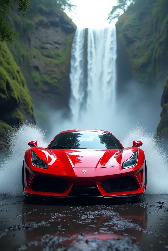 A red amazing Car in a waterfall