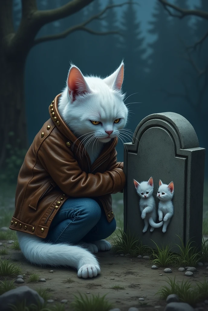 A white cat dressed in brown jacket with studs and blue tattered jeans crying and weeping near the grave with picture of three white kittens engraved on grave at night