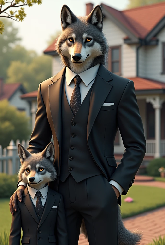 Adult dad wolf and wolf both in suit house in background