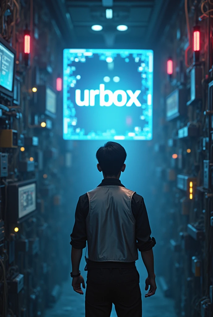 Asian male character stands in front of a square hologram logo with the words "UrBox", waiting for a sign of connection. Outfit: Silver tech vest, glasses. Setting: Narrow space, street full of robots and wires. Lighting: Cold blue and purple light fills the space. Effects: Large screen glows with a slight glitch effect. Special: Feeling of tension, waiting for change.