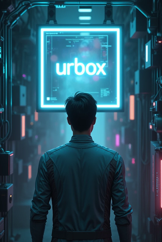 Asian male character stands in front of a square hologram logo with the words "UrBox", waiting for a sign of connection. Outfit: Silver tech vest, glasses. Setting: Narrow space, street full of robots and wires. Lighting: Cold blue and purple light fills the space. Effects: Large screen glows with a slight glitch effect. Special: Feeling of tension, waiting for change.