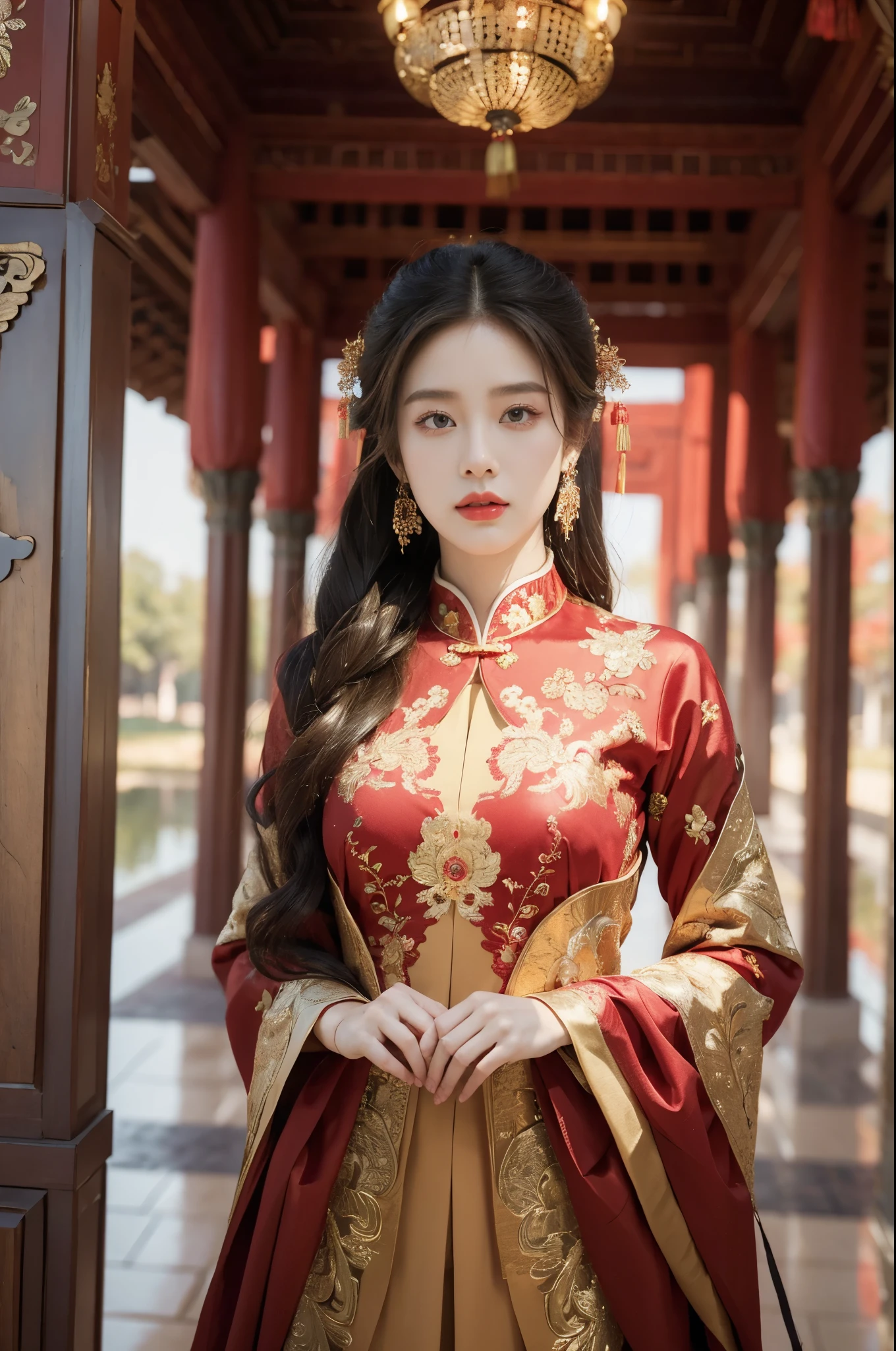 (((best quality))),(((ultra detailed))),(((masterpiece))),illustration,1girl,red gown,Chinese palace,autumn,October,spacious square,magnificent,intricately-embroidered,confident,graceful,striking contrast,deep blue sky,work of art,intricate patterns,designs,awe-inspiring,grandeur,majesty,columns,arches,intricate details,craftsmanship,square empty,serene expression,vision in red,beauty,perfect day,perfect year
