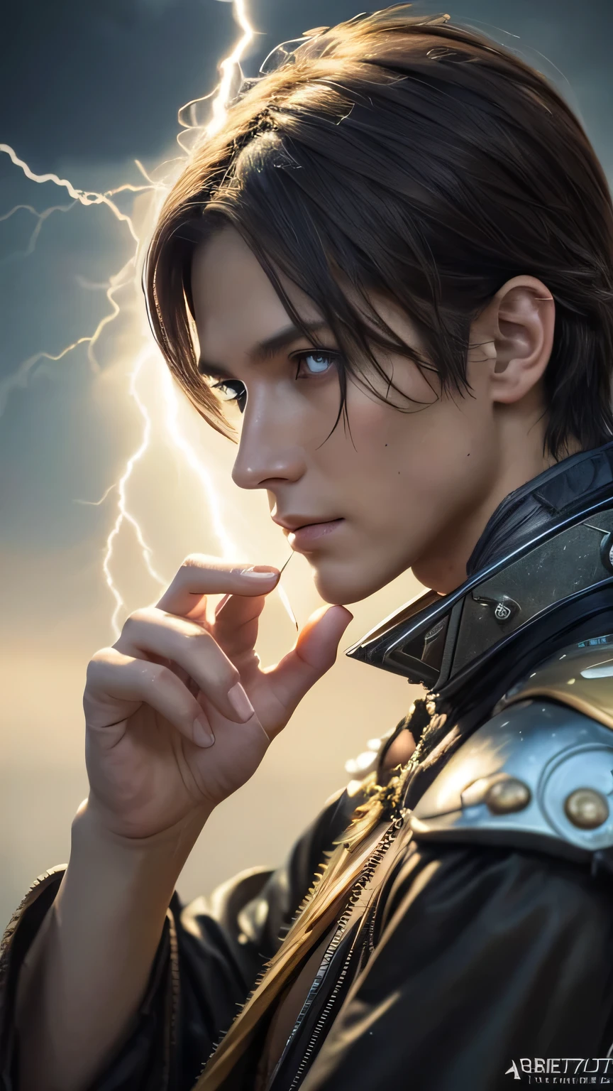 Handsome close up portrait (sksman),Post-apocalyptic Winged Lightning Mage, complicated, elegant, Very detailed, Digital Painting, artステーション, コンセプトart, Smooth, Sharp focus, shape, art:Krentz-Kuscher、Artem Demla、Alphonse Mucha, ((Lightning in hand))