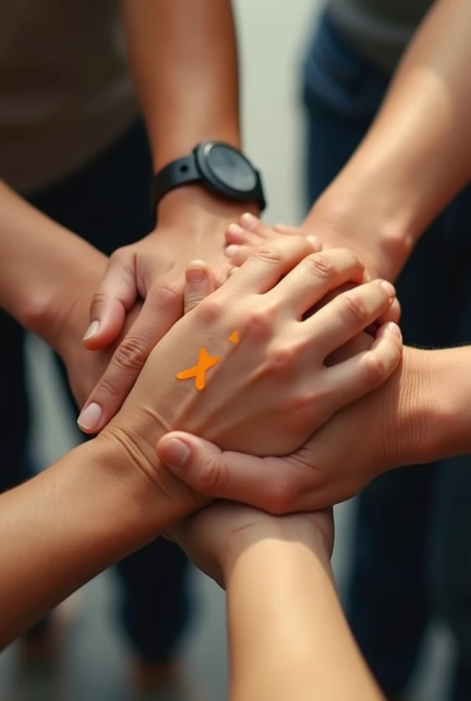 create an image of a team holding hands as if it were a restart of a company that was bankrupt. This company is called Contrurapi and has orange colors in its logo. I just want the hands