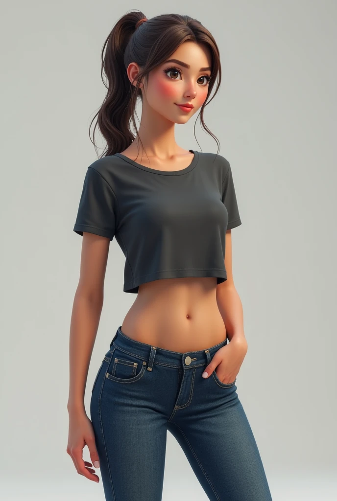 Small T-shirt、belly button、Tight jeans、ponytail、Leaner figure