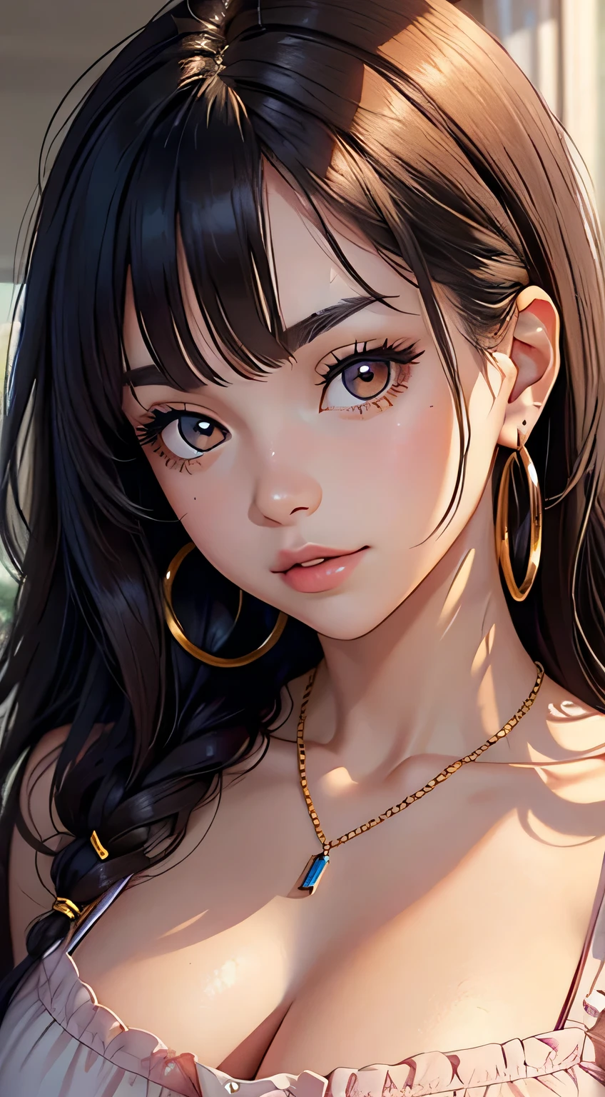 Amazing portrait of the upper body of a young woman who is 20 years old with a beautiful and highly detailed face and skin texture with fine brown eyes with double eyelid and thin eyebrows and glitter eyeliner with natural cheeks and shiny skin wearing pajamas paired with a sparkly necklace and earrings with glossy lips parted in an enchanting smile with wavy sorry e hair in diagonal bangs with a head band with focus on her chest and face with this upper body shot and her pajamas are off shoulder with small breasts
