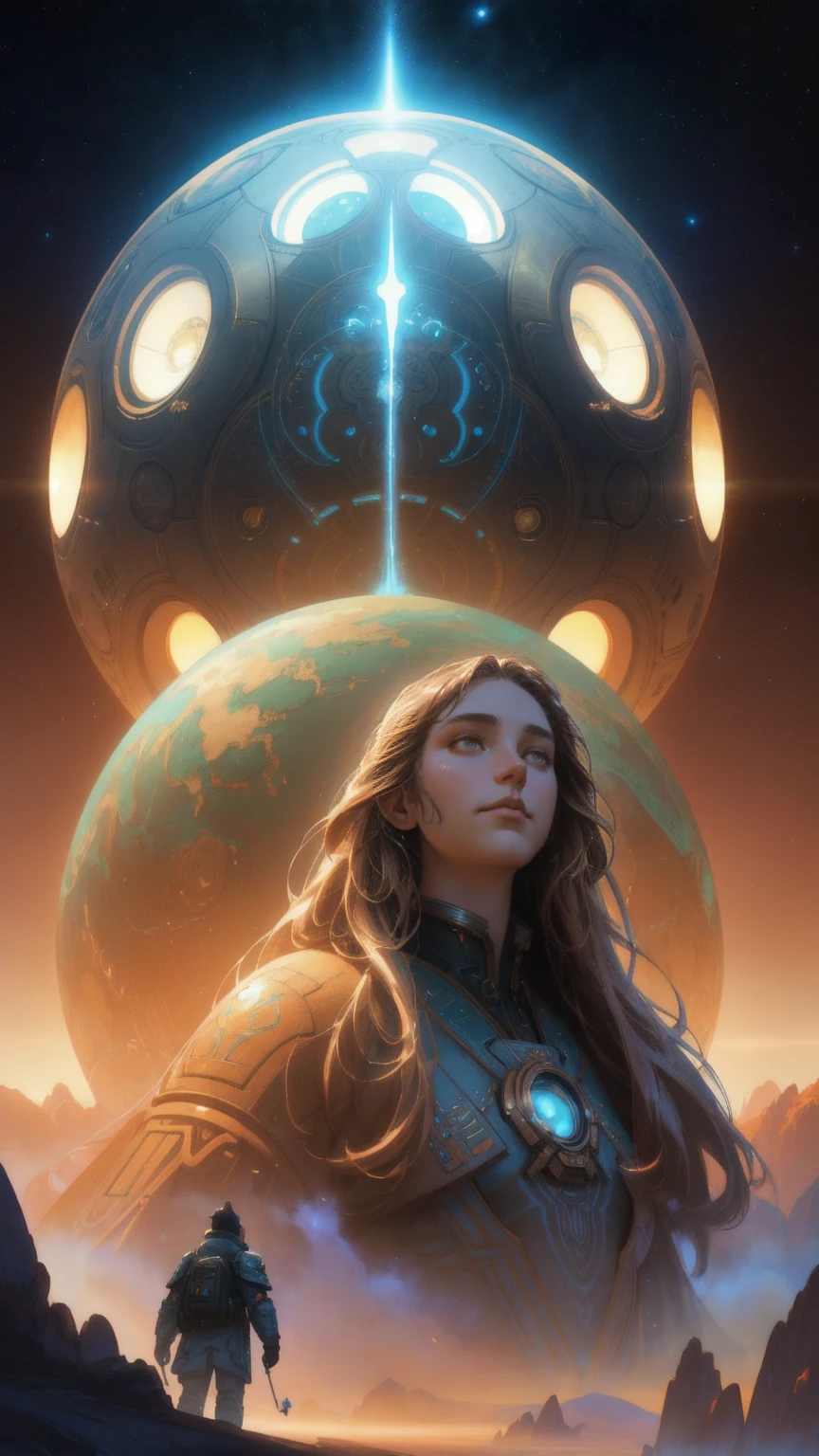 a digital painting of a giant creature beautiful girl in a space station, with brown background concept art inspired by tomasz alen kopera, Artstation contest winner, fantasy art, a massive celestial giant god, epic fantasy sci fi illustration, stunning sasquatch, old god, big titan creature in the center, beeple and tim hildebrandt, beeple masterpiece