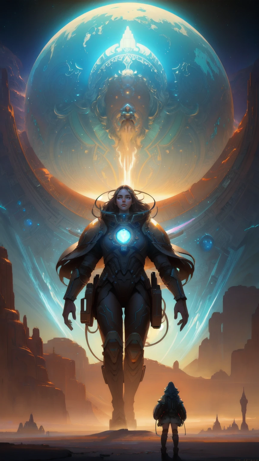 a digital painting of a giant creature beautiful girl  in a space station, with brown background  concept art inspired by tomasz alen kopera, Artstation contest winner, fantasy art, a massive celestial giant god, epic fantasy sci fi illustration, stunning sasquatch, old god, big titan creature in the center, beeple and tim hildebrandt, beeple masterpiece