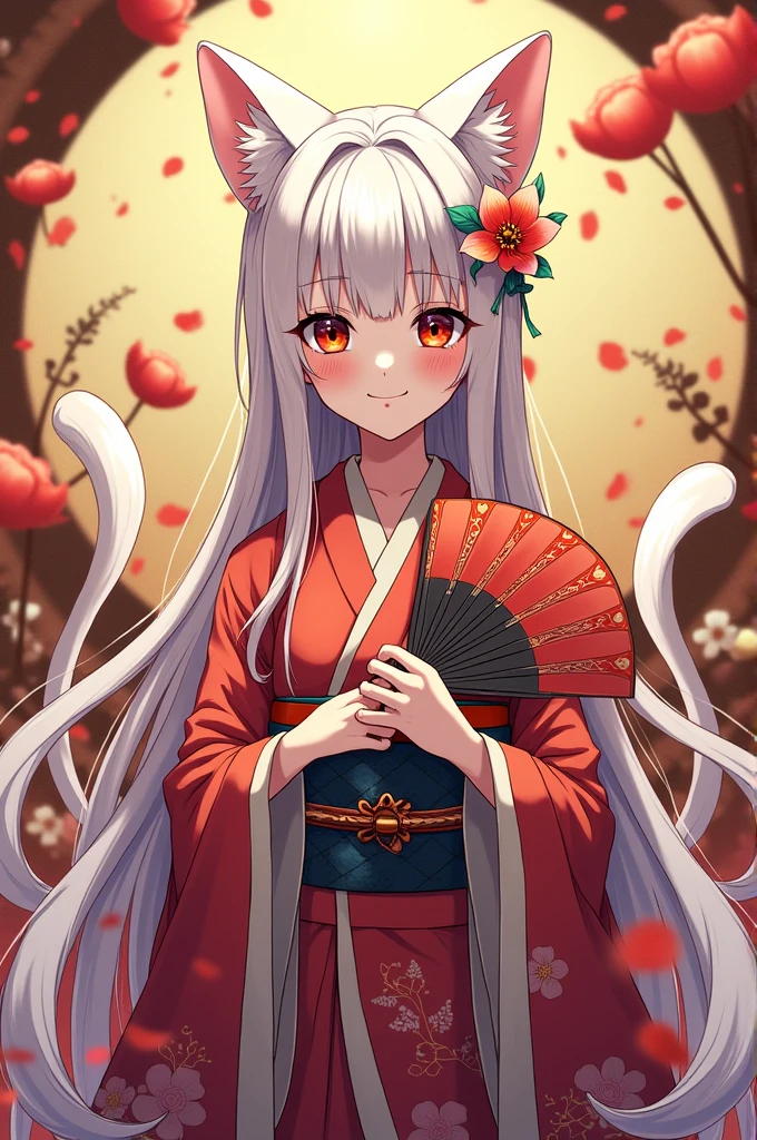 ((anime)), ((perfect quality)), ((masterpiece)), ((good anatomy)), androgynous, half-human, bakaneko, flat chest, slim body, japanese, long, straight hair in jellyfish cut, cat ears, 5 cat tails, detailed, cunning smile, colorful, long kimono, slight makeup, royalty, fan