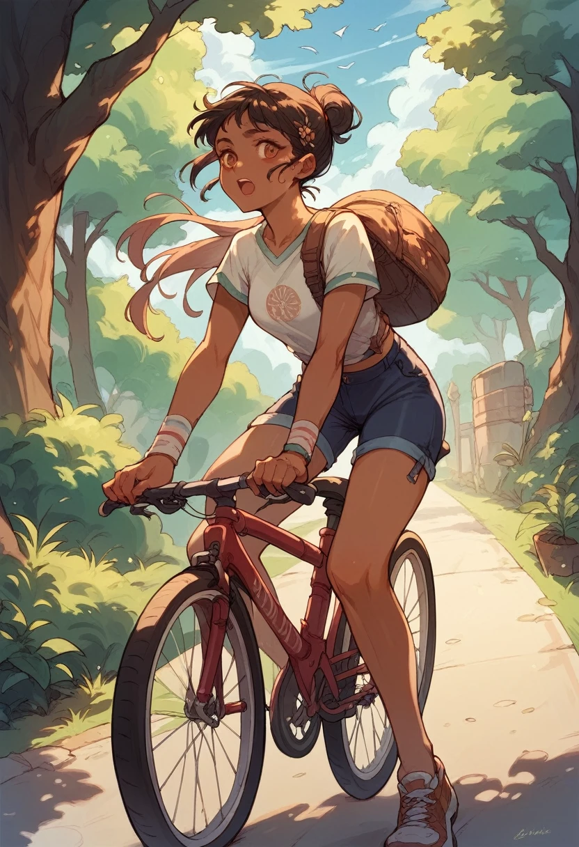 An Indian girl riding a bicycle without clothes