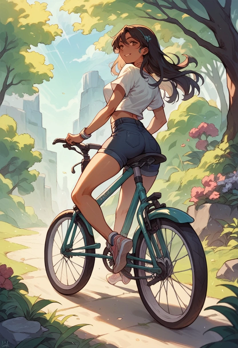 An Indian girl riding a bicycle without clothes