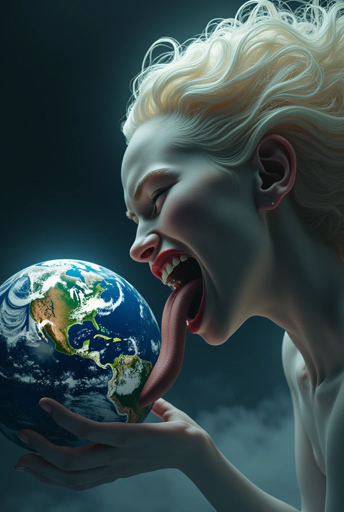 Giant girl licking the Earth with her tongue