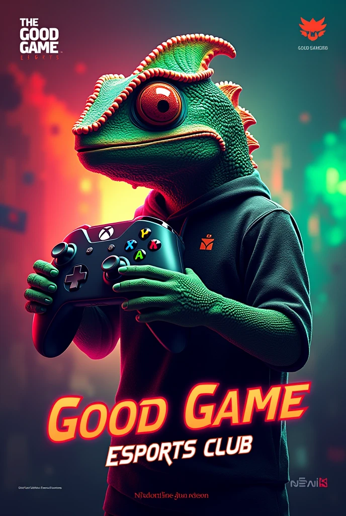 An advert for the GOOD GAME ESPORTS CLUB featuring a chameleon holding an xbox controller. the colours should be black red and green the background should be vibrant and dynamic and text should include "GOOD GAME ESPORTS CLUB" "Ages 10+" "£70" "Limited availablity" "Learn the fundamentals of competitive gaming in just 7-weeks"