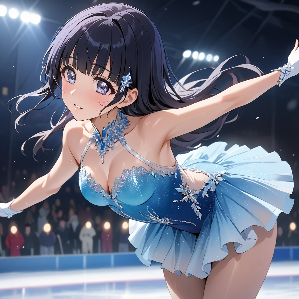 ((Highest quality)), ((masterpiece)), (detailed), （Perfect Face）、The woman is Reika Aoki with semi-long hair、A woman is passionately and attractively skating on an ice rink in a gorgeous and glamorous figure skating costume.