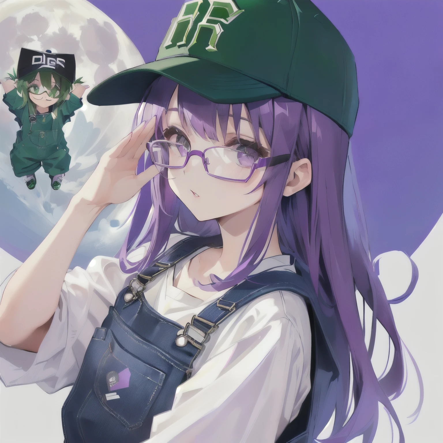 Purple Hair、Baseball Cap、Glasses、Overalls、salute、Purse your lips、(Little green monster)、The background is a large full moon