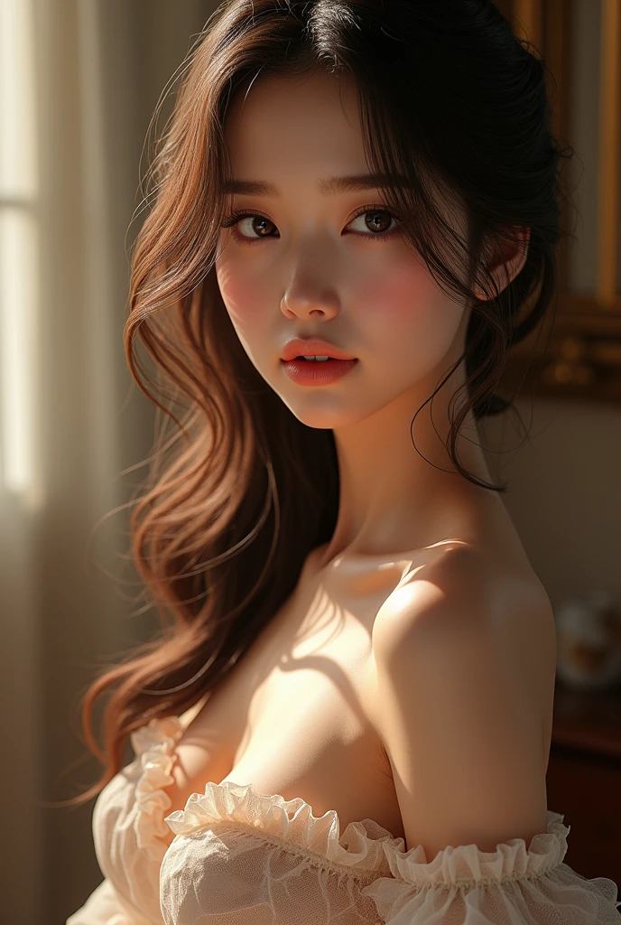 @KELANA: ((BEST quality,8k,Masterpiece:1.3)),upper body,,Sharp focus:1.2,Beautiful Woman with perfect figure,higly detailed facial and skin teksture,Detail eyes,double eyelids,interior view,ferpect lightning,