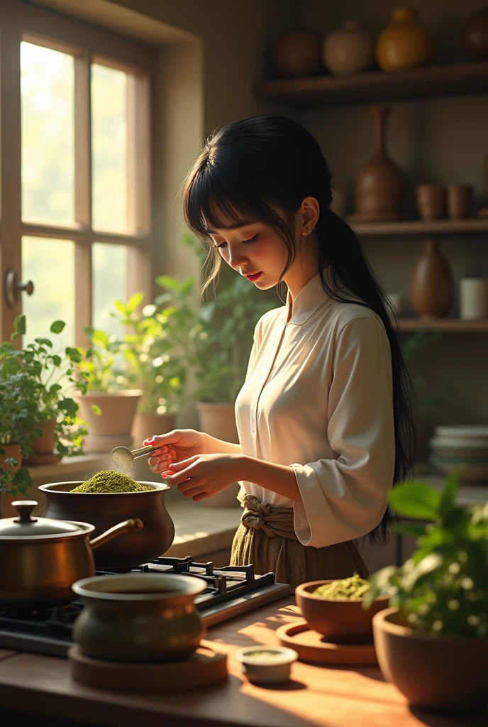 Brunei girl boiling water kratom powder supergreen packing write by KTM Herbs Legacy