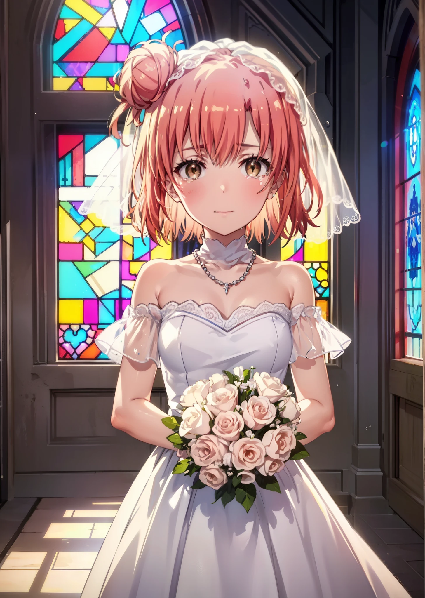 yuiyuigahama, yui yuigahama, Long Hair, (Brown eyes:1.5), (Pink Hair:1.2), Hair Bun, single Hair Bun, Tears stream down her face,Tears of joy,I cry a lot,smile,smile,blush,Open your mouth,Off-the-shoulder white wedding dress,necklace,Expose your shoulders,bare clavicle,Bare neck,wedding long skirt,Veil,bouquet,Holding a bouquet in both hands,Stained glass,whole bodyがイラストに入る, break indoors, Chapel,Association,
break looking at viewer, whole body,(Cowboy Shot:1.5),
break (masterpiece:1.2), Highest quality, High resolution, unity 8k wallpaper, (shape:0.8), (Beautiful attention to detail:1.6), Highly detailed face, Perfect lighting, Highly detailed CG, (Perfect hands, Perfect Anatomy),