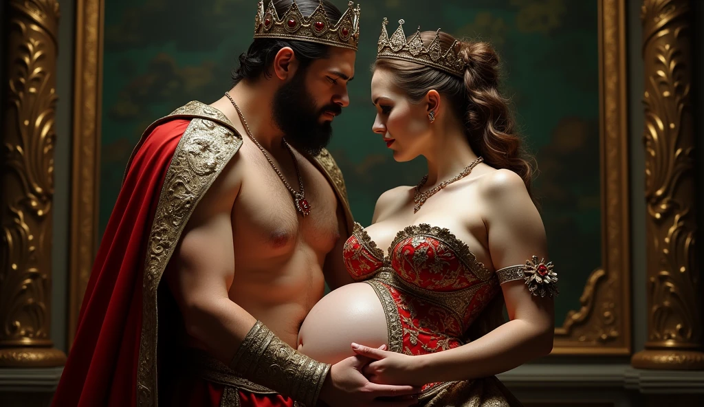 I have made an image of a King and Queen in which the King and Queen are standing in the Kamasutra abstinence and their eyes are bad and the Queen's breasts are thick and raised. One hand of the King is on the Queen's breast and the other hand is placed on the Queen's vagina.