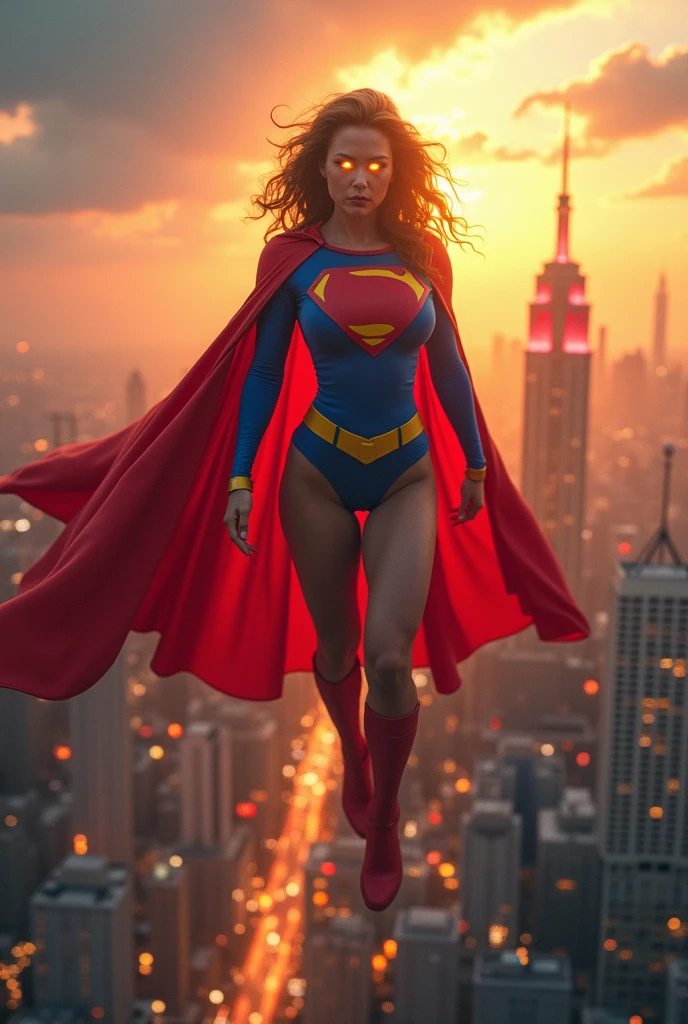 A woman in a 1980s Superman movie costume, floating high above the city, sunlight streaming through the clouds, dramatic pose, cinematic lighting, colorful cityscape below, gritty urban environment, intricate details, hyper-realistic, 8k, cinematic, dramatic, grandiose, superhero, flying, cape flowing, muscular, confident, powerful, determined expression, glowing eyes, lens flare, volumetric lighting, cinematic camera angle, dramatic shadows and highlights, photorealistic, vibrant colors, highly detailed, masterpiece