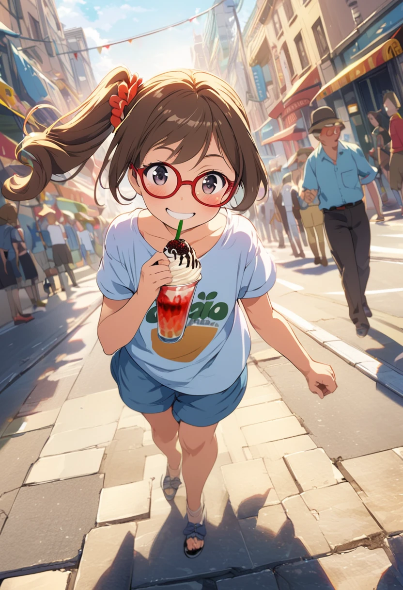 1girl,yo,brown hair,black eyes, (red round eyewear), side ponytail,smile, blushful, BREAK anime style, super fine illustration, highly detailed, dynamic angle, beautiful detailed, 8k, On a summer afternoon under the blazing sun in a city street, BREAK a woman is enjoying a cold gelato. BREAK Her skin shimmers in the sunlight, making her stand out in the vibrant and joyful scene. BREAK ((best quality, high resolution)), (delicate illustration), (pastelcolor style illustration:0.4), (watercolor style illustration:0.4), ((beautiful:1.3)), (anime key visual),4k,Perfect Anatomy,