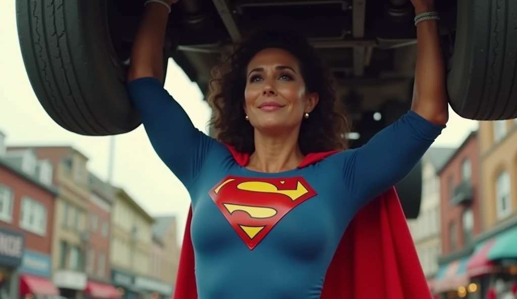 (((very beautiful old Supergirl (((1980s costume))) Julie Hagerty(((dark-haired, large-breasted woman in her 50s)))) Super woman Julie Hagerty; confident, powerful, indestructible, attractive; big and firm chest; strong breasts; arms crossed, levanta facilmente um a a truck on the road sobre sua cabeça; arms of a strong woman. HD. Photograph, ((realism)), extremely high quality RAW photograph, ultra detailed photograph, sharp focus, high resolution, (detailed skin:1,3),high quality, film grain, Fujifilm XT3,Highly Detailed, movie, (Cinematic Photo:1.3) of (Realistic:1.3)