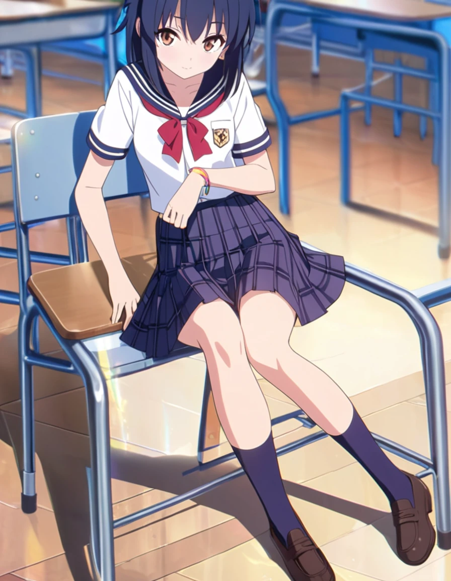 (8K:1.5),anime, high school girl,Full body, high school uniform, ribbon, plaid skirt, navy blue knee socks, beautiful legs, glowing skin, classroom