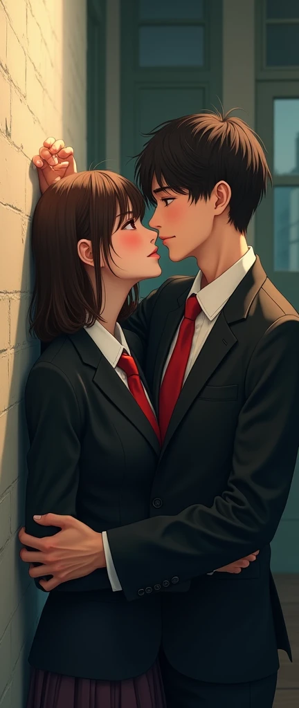 (32K:1.9, Highest quality, masterpiece, Ultra-high resolution), Perfect dynamic composition, Highly detailed skin and facial textures:1.3, Detailed eyes, Detailed limbs, (Cute sexy slim Japanese schoolgirl, A tall and slim Japanese high school boy), Fair skin, ((Clarity:1.1)), (Both boys and girls wear blazers with red ties.:1.3), (A high school boy does a kabedon to a high school girl:1.0), (Cunning Smile:0.9, Totally captivates you:0.9), (beautiful Blue Eyes, beautiful, Clear Eyes:0.8), Sexy Face:0.4, blush:1.1, (beautifulエロティシズムを醸し出す味わい:0.8), Professional random camera work, Cinematic Lighting Effects, ((Full Body Shot)), ((Too erotic:0.9)) , romantic, mysterious, Object of admiration, original, dramatic, artistic, Innovative, charm, Heartful, Fancy, Tilt, sense of loss, special, exciting, Extreme, sense of openness, joy, joyの表現, ((若さのcharm, 女性的なcharm))